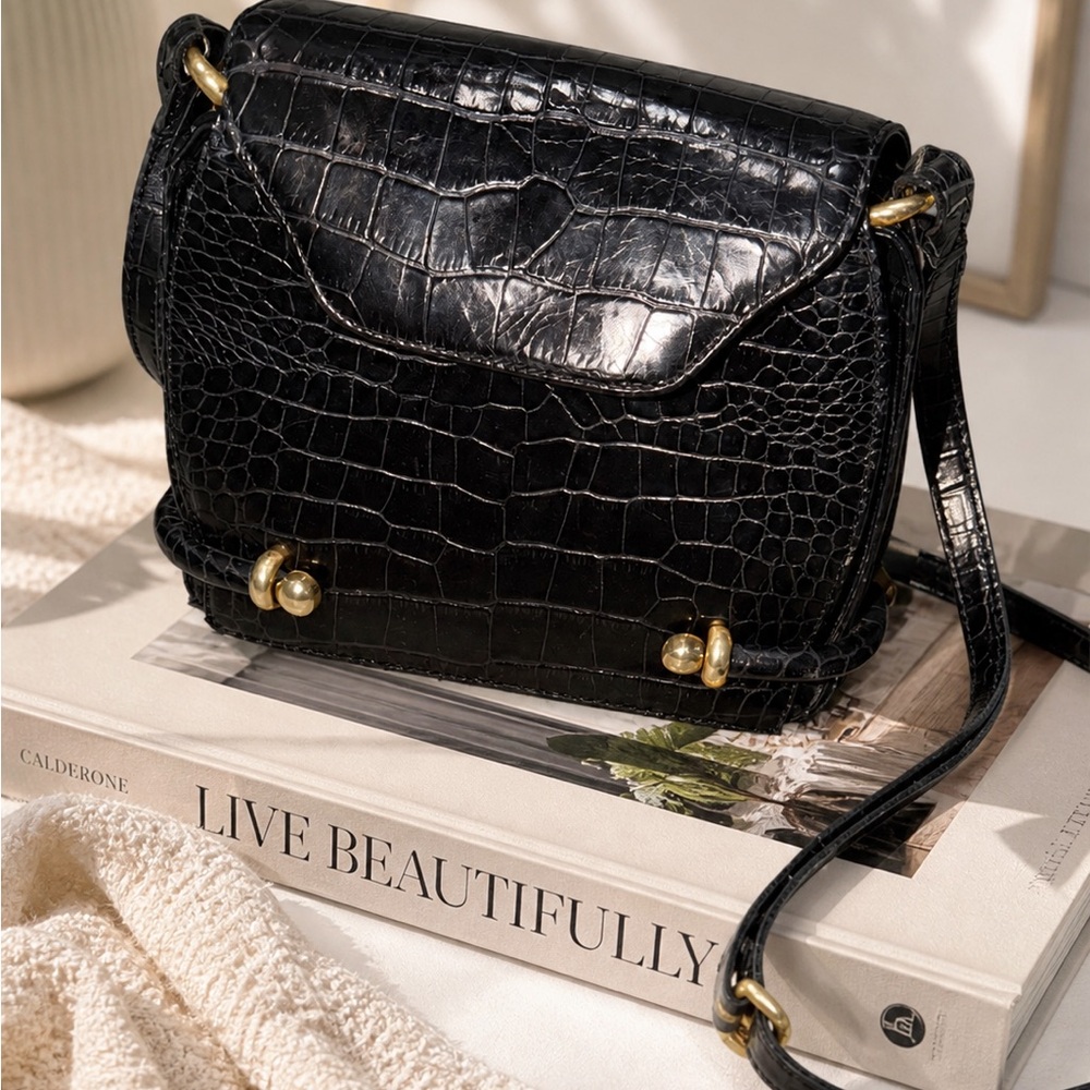 Bally Black Croc-Embossed Leather Crossbody with Gold Hardware Vintage